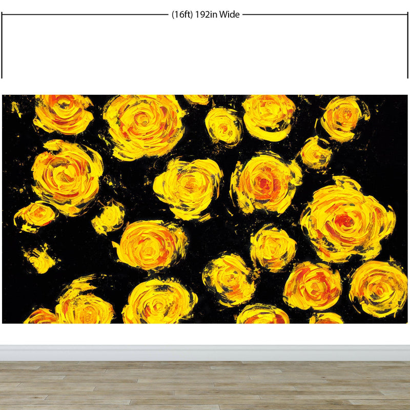 Flower Wallpaper Peel and Stick Wall Mural. Yellow Flowers on Black Background.