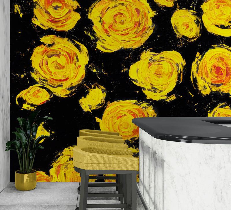 Flower Wallpaper Peel and Stick Wall Mural. Yellow Flowers on Black Background.