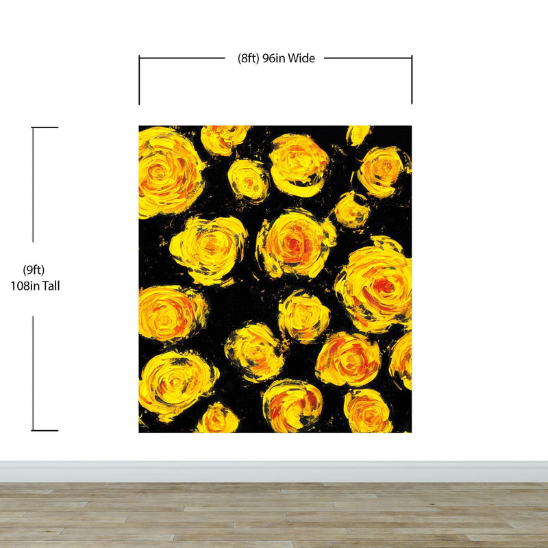 Flower Wallpaper Peel and Stick Wall Mural. Yellow Flowers on Black Background.