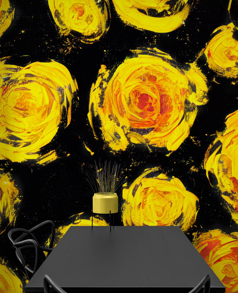 Flower Wallpaper Peel and Stick Wall Mural. Yellow Flowers on Black Background.