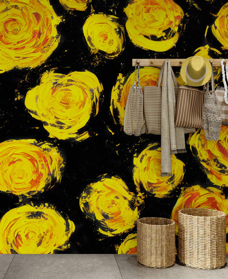 Flower Wallpaper Peel and Stick Wall Mural. Yellow Flowers on Black Background.