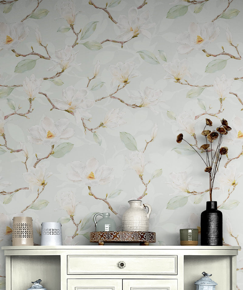 White Magnolia Wall Mural Peel and Stick Wallpaper.