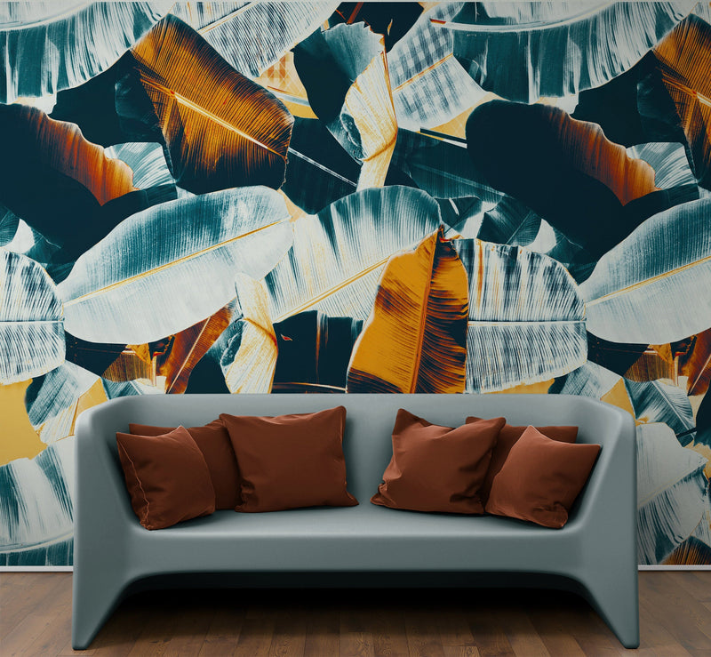 Tropical Leaves Foliage Abstract Wall Mural. Dark Color Patterns.