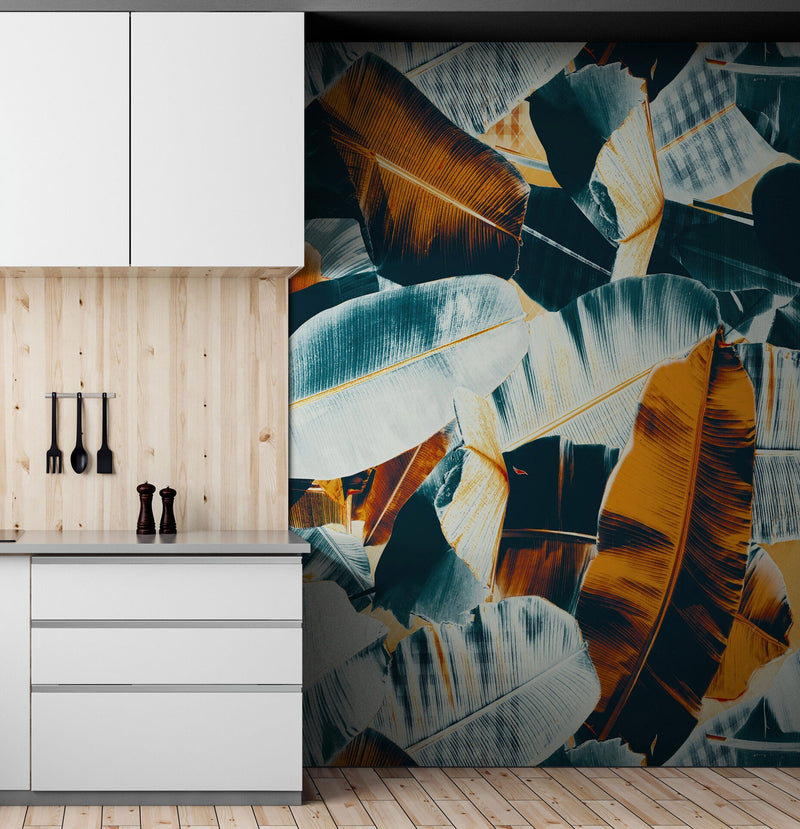 Tropical Leaves Foliage Abstract Wall Mural. Dark Color Patterns.