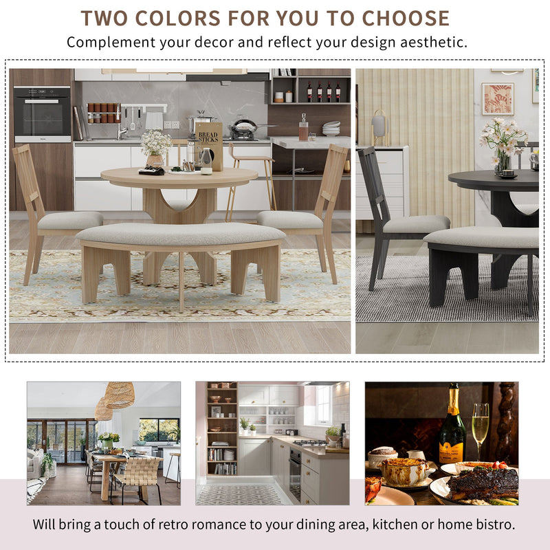 5-Piece Dining Table Set, 44" Round Dining Table with Curved Bench & Side Chairs for 4-5 People for Dining Room and Kitchen (Natural Wood Wash)