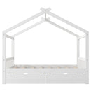 House Style Platform Bed With Headboard, Footboard, 2 Drawers, And Roof Design