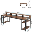 2 Person Desk With Monitor Stand, Long Office Workstation With Dual Storage Shelves And Frame - Brown / Black by HouseOfZazla