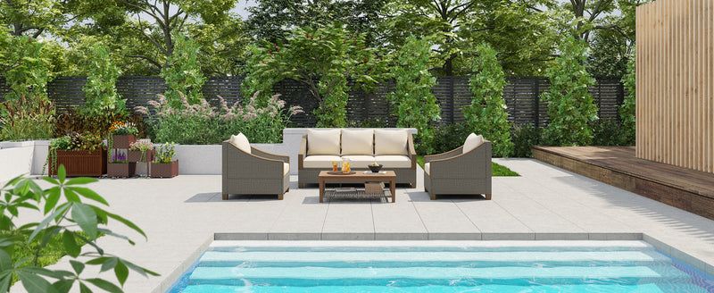 4-Piece Rattan Outdoor Conversation Sofa Set with Wooden Coffee Table and Cushions Seating 5 People for Patio, Garden and Backyard (Grey)