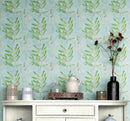 Eucalyptus Wallpaper. Farmhouse Decor Peel and Stick Wall Mural. Blue and Green Colors.