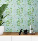 Eucalyptus Wallpaper. Farmhouse Decor Peel and Stick Wall Mural. Blue and Green Colors.
