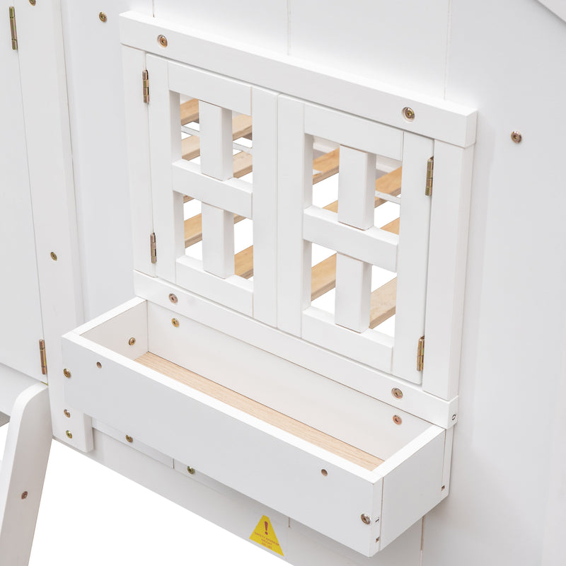 Twin over Twin House Bunk Bed with Roof, Window, Window Box, Door, with Safety Guardrails and Ladder, White