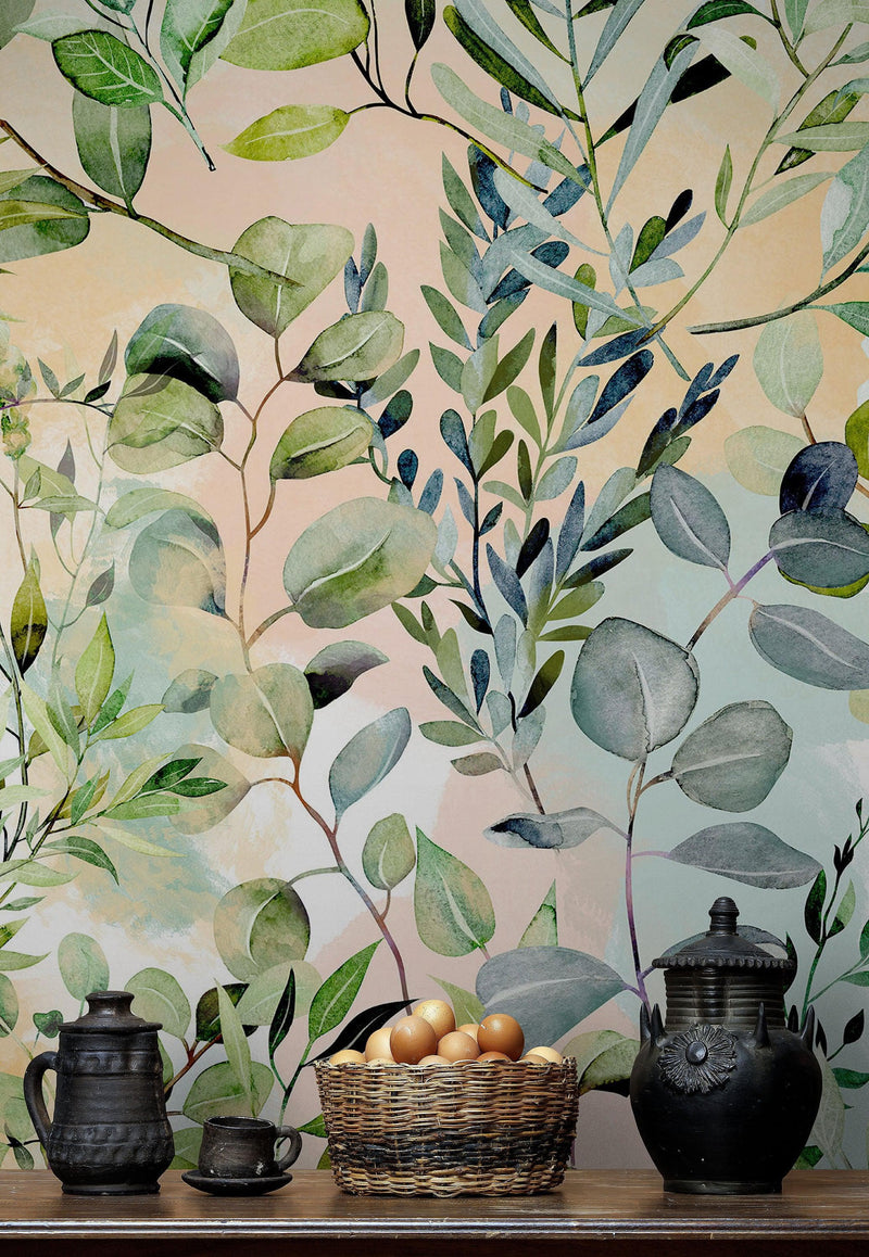 Eucalyptus Wallpaper in Pastel Color Watercolor.