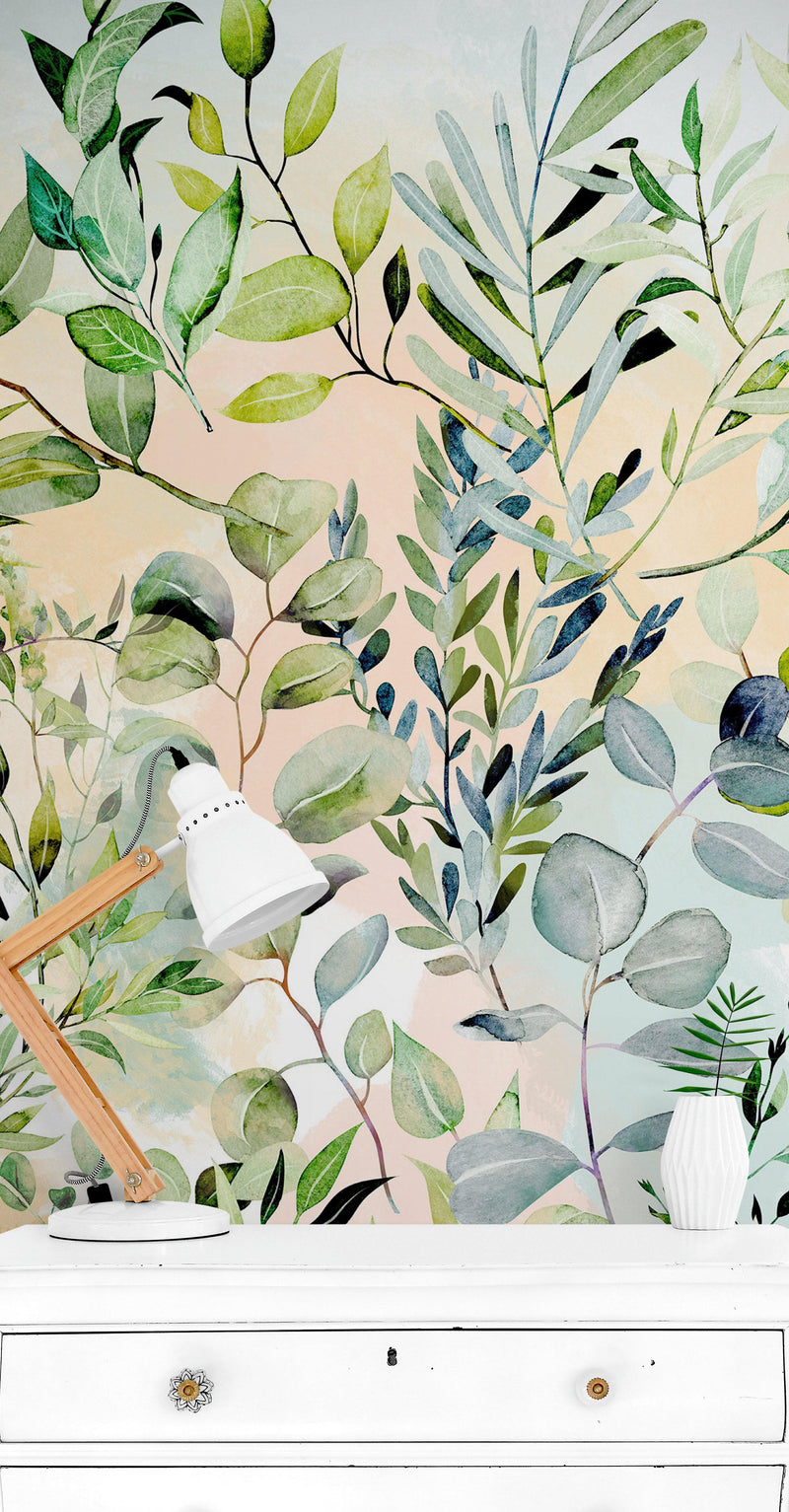 Eucalyptus Wallpaper in Pastel Color Watercolor.