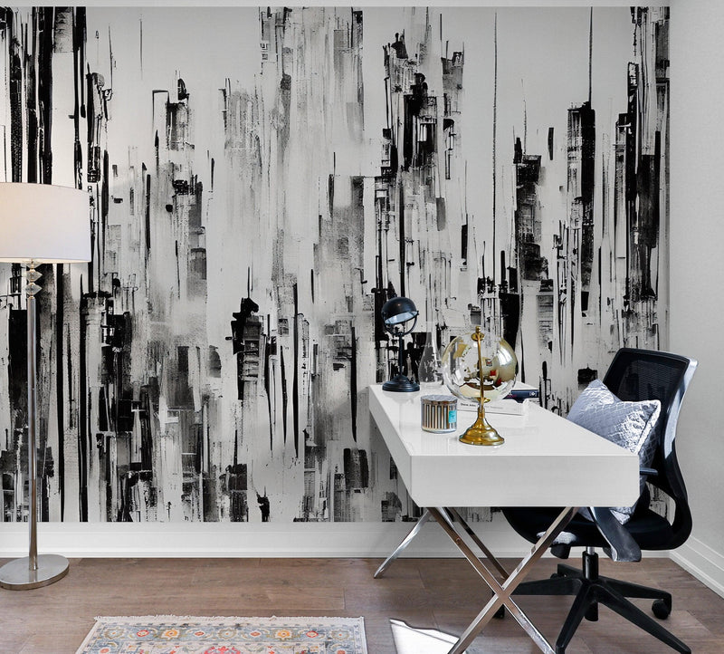 Black and Gray Urban City Wall Mural. Cyber Punk Cityscape. Minimalist Abstract Building Architect Wallpaper.