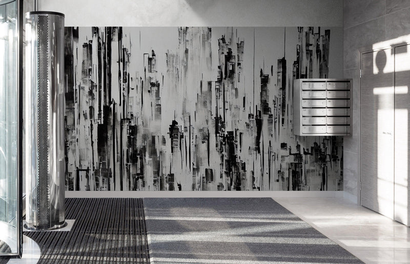 Black and White Urban City Wall Mural. Cyber Punk Cityscape. Minimalist Abstract Building Architect Wallpaper.