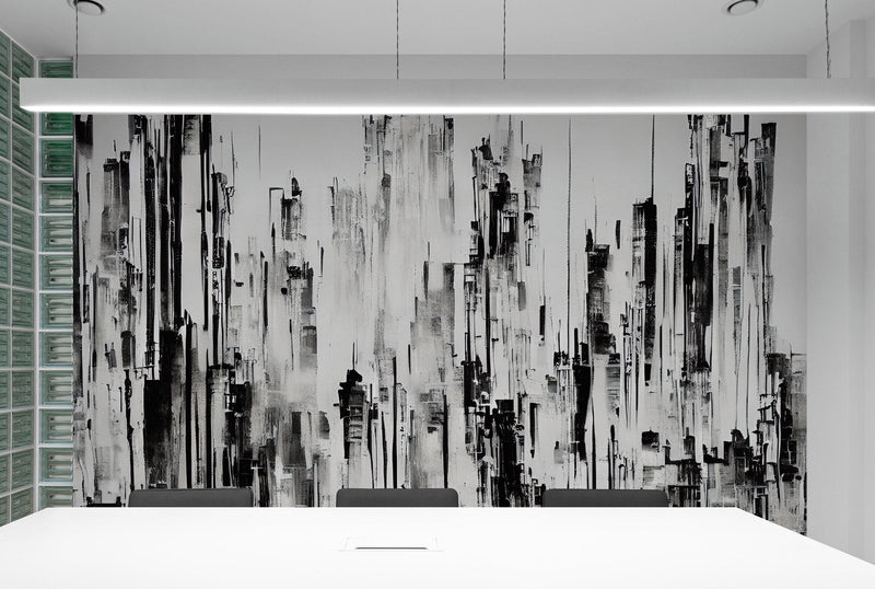 Black and White Urban City Wall Mural. Cyber Punk Cityscape. Minimalist Abstract Building Architect Wallpaper.