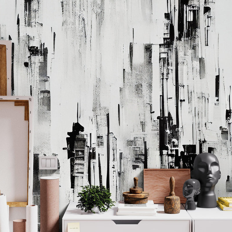 Black and Gray Urban City Wall Mural. Cyber Punk Cityscape. Minimalist Abstract Building Architect Wallpaper.