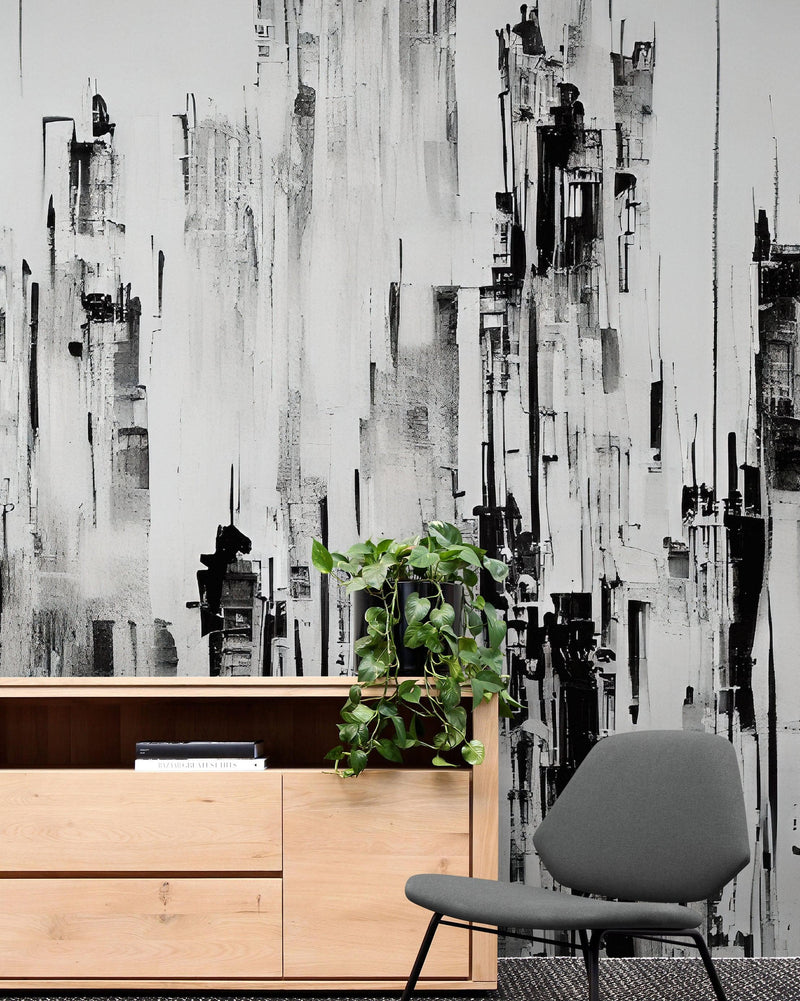 Black and Gray Urban City Wall Mural. Cyber Punk Cityscape. Minimalist Abstract Building Architect Wallpaper.