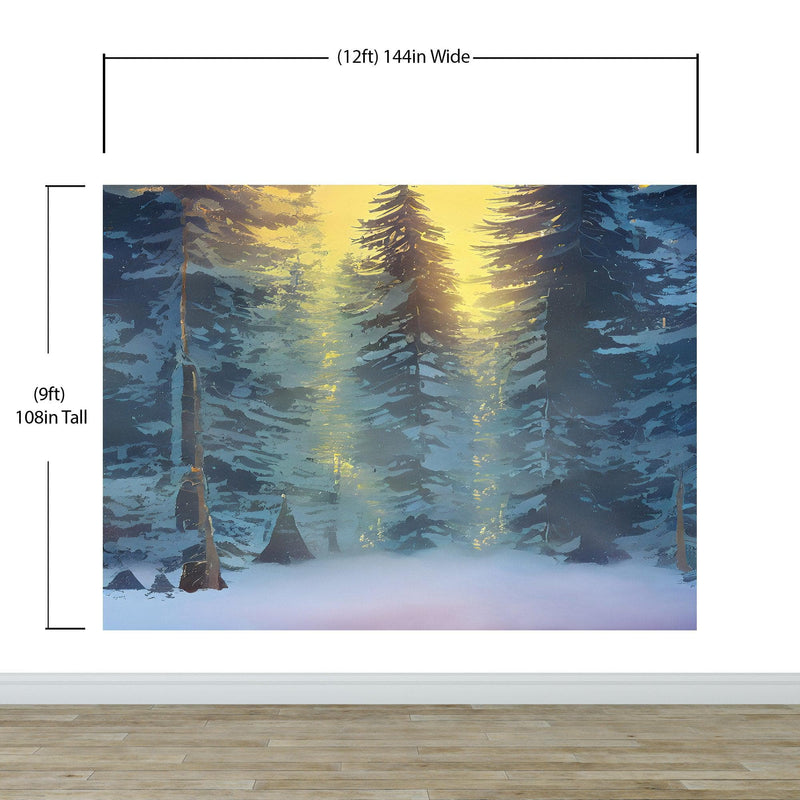 Big Sequoia Tree Wall Mural. Snow on Trees Peel and Stick Wall Mural.