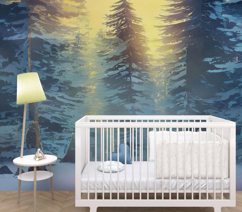 Big Sequoia Tree Wall Mural. Snow on Trees Peel and Stick Wall Mural.