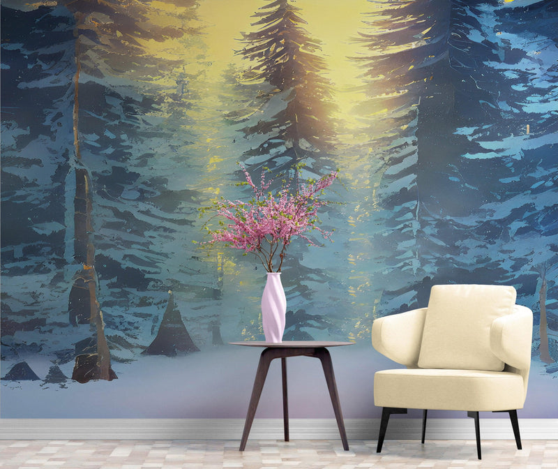 Big Sequoia Tree Wall Mural. Snow on Trees Peel and Stick Wall Mural.