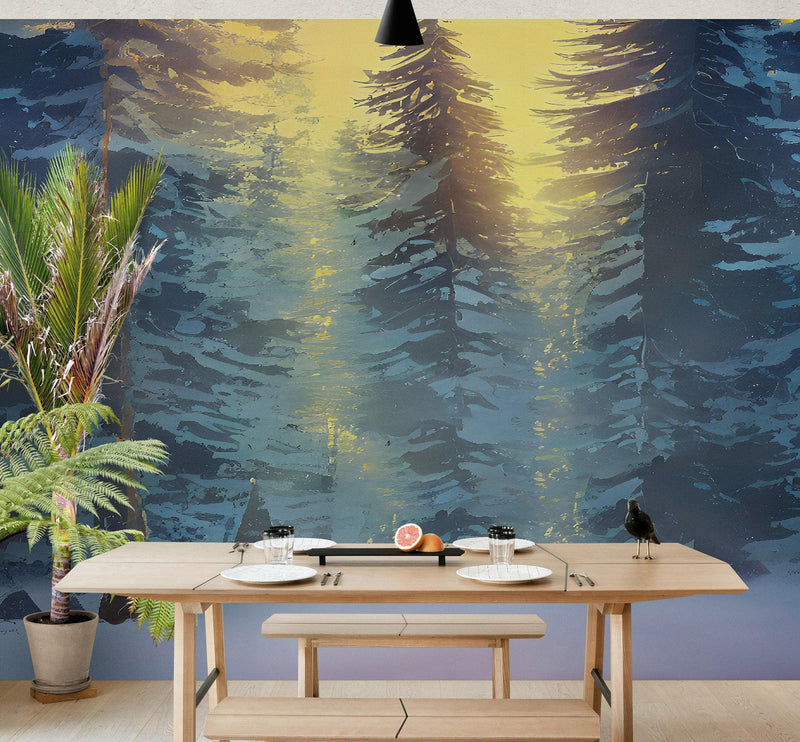 Big Sequoia Tree Wall Mural. Snow on Trees Peel and Stick Wall Mural.