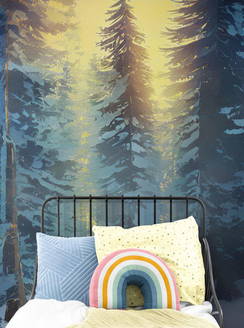 Big Sequoia Tree Wall Mural. Snow on Trees Peel and Stick Wall Mural.