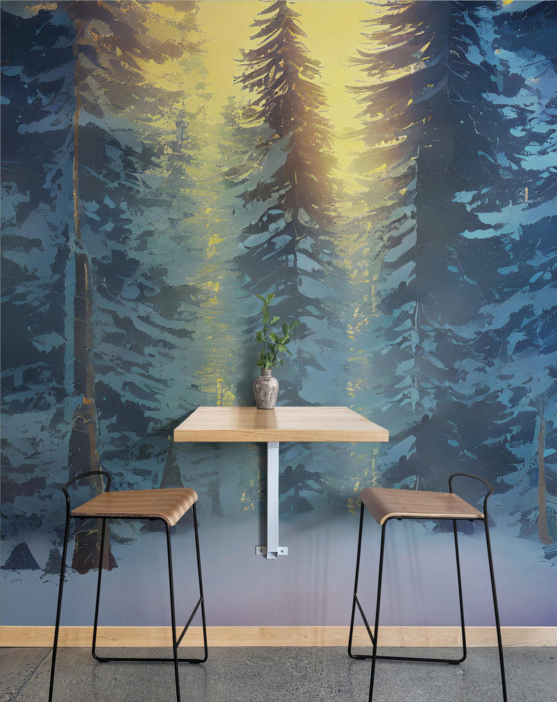 Big Sequoia Tree Wall Mural. Snow on Trees Peel and Stick Wall Mural.