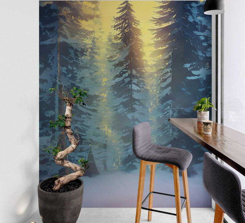 Big Sequoia Tree Wall Mural. Snow on Trees Peel and Stick Wall Mural.