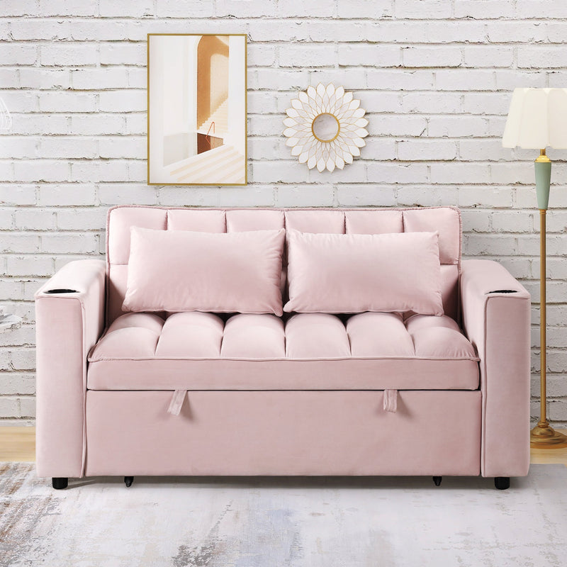 55.3" 4-1 Multi-functional Sofa Bed with Cup Holder and USB Port for Living Room or Apartments Pink