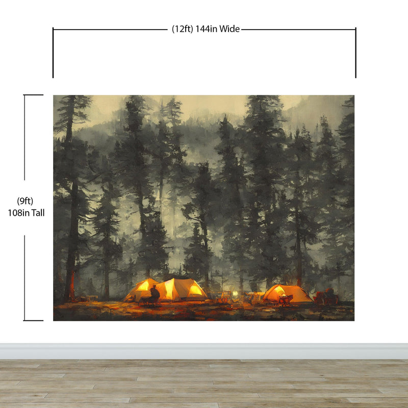 Camping Under the Stars Painting Wallpaper. Woodland Forest Wall Mural. Nature Wall Decor.