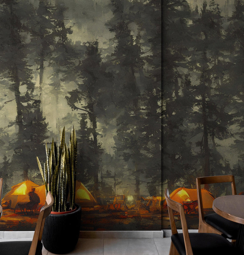 Camping Under the Stars Painting Wallpaper. Woodland Forest Wall Mural. Nature Wall Decor.