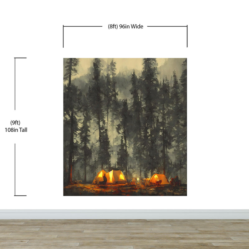 Camping Under the Stars Painting Wallpaper. Woodland Forest Wall Mural. Nature Wall Decor.