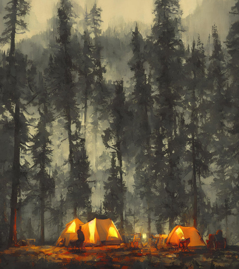 Camping Under the Stars Painting Wallpaper. Woodland Forest Wall Mural. Nature Wall Decor.