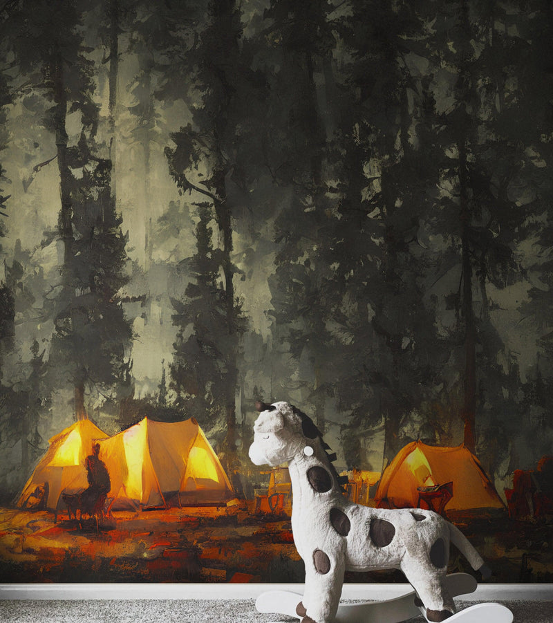 Camping Under the Stars Painting Wallpaper. Woodland Forest Wall Mural. Nature Wall Decor.