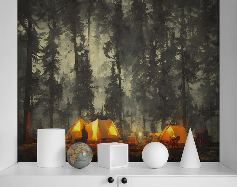 Camping Under the Stars Painting Wallpaper. Woodland Forest Wall Mural. Nature Wall Decor.