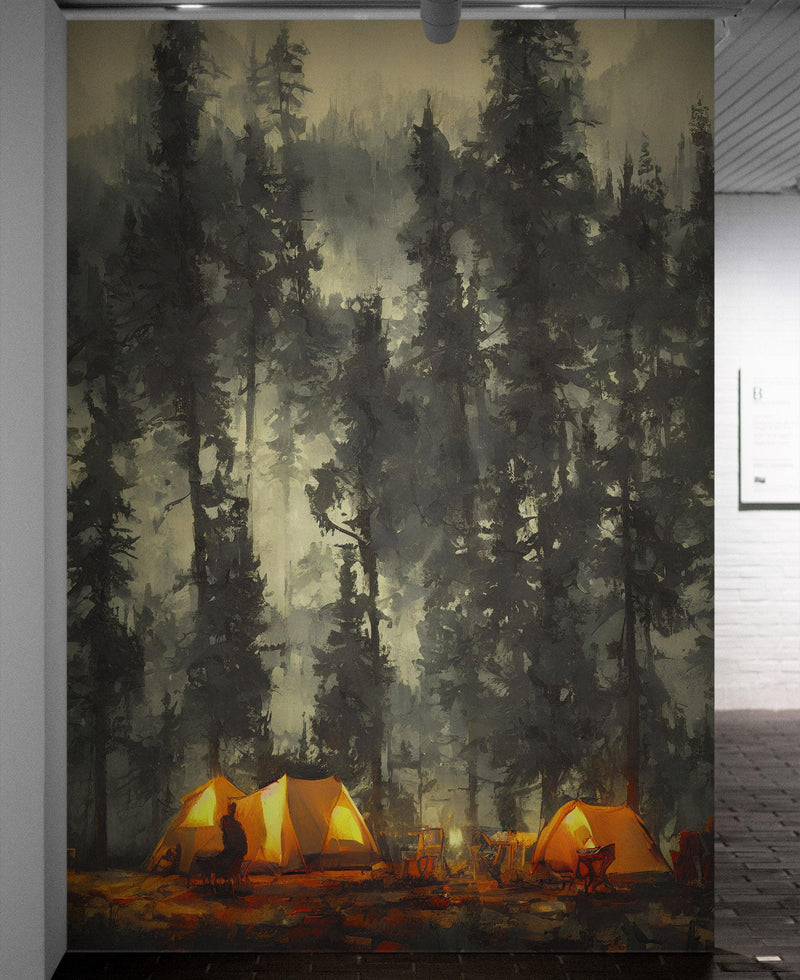 Camping Under the Stars Painting Wallpaper. Woodland Forest Wall Mural. Nature Wall Decor.