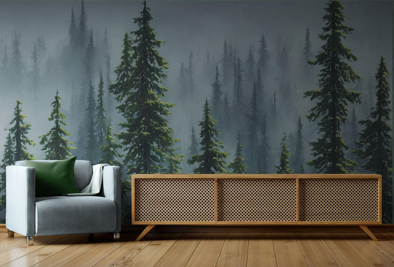 Nature Rainforest Wall Mural Wallpaper. Misty Forest Landscape.