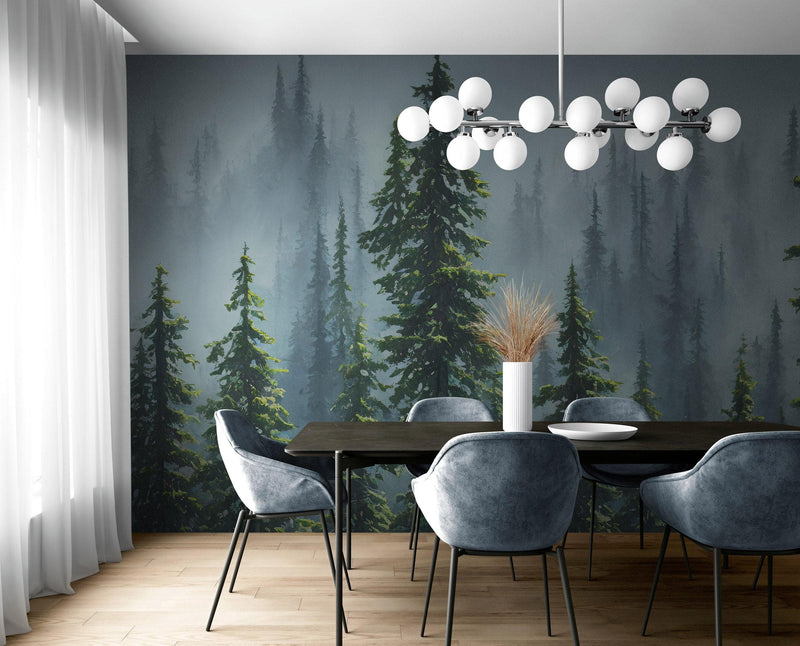 Nature Rainforest Wall Mural Wallpaper. Misty Forest Landscape.