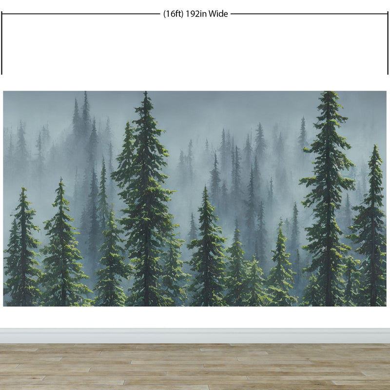 Nature Rainforest Wall Mural Wallpaper. Misty Forest Landscape.