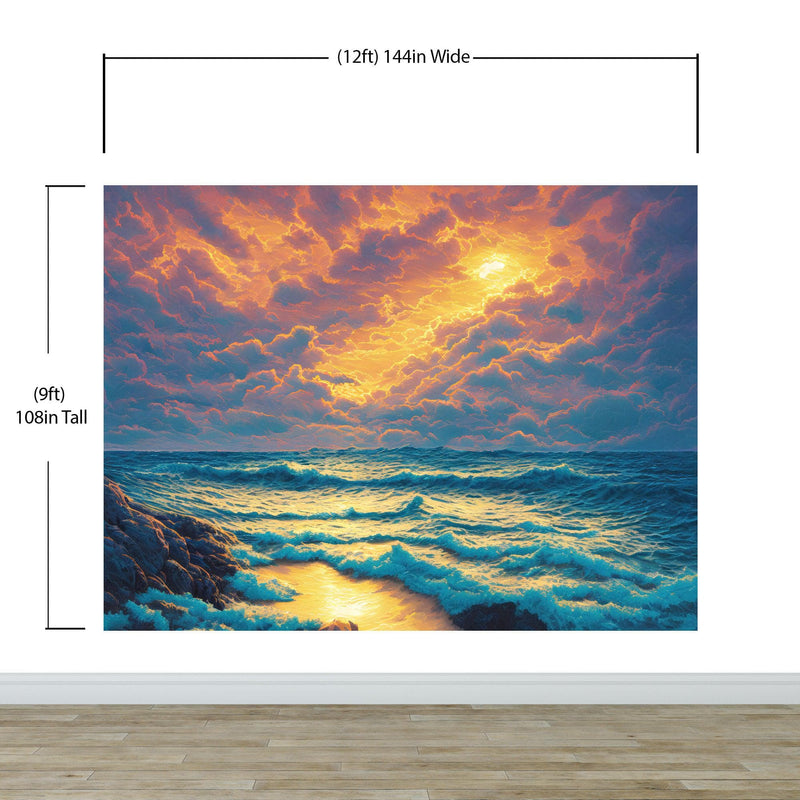 Dramatic Scene of a Sunset Over Blue Ocean Wall Mural Peel and Stick Wallpaper.