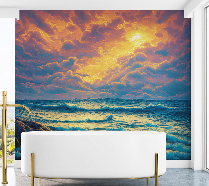 Dramatic Scene of a Sunset Over Blue Ocean Wall Mural Peel and Stick Wallpaper.