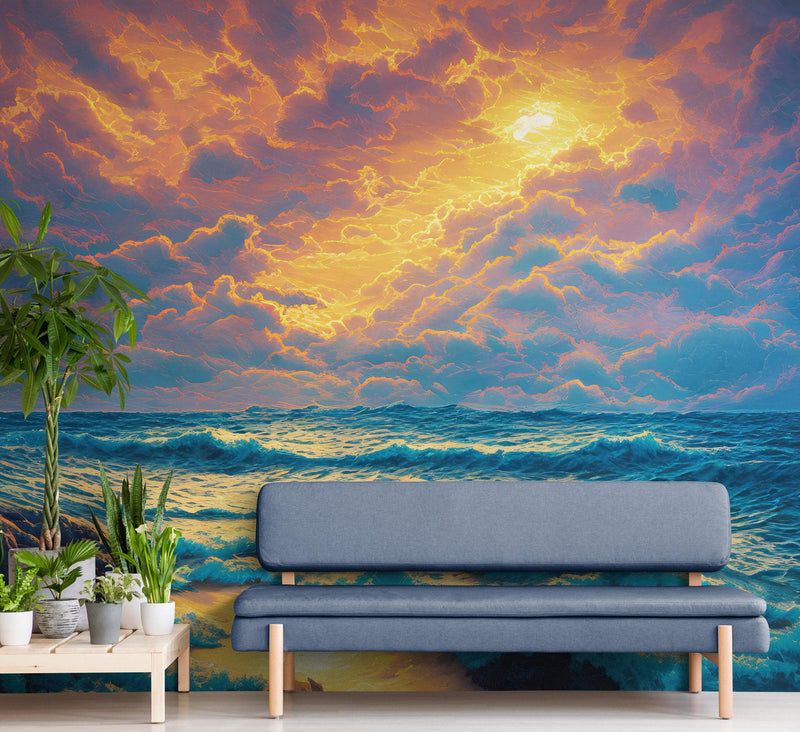 Dramatic Scene of a Sunset Over Blue Ocean Wall Mural Peel and Stick Wallpaper.