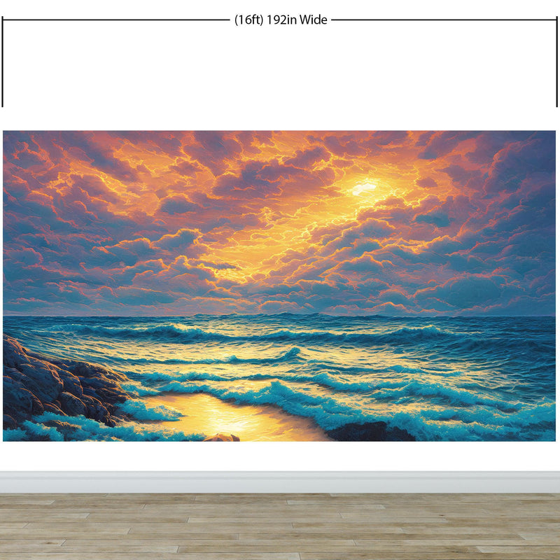 Dramatic Scene of a Sunset Over Blue Ocean Wall Mural Peel and Stick Wallpaper.