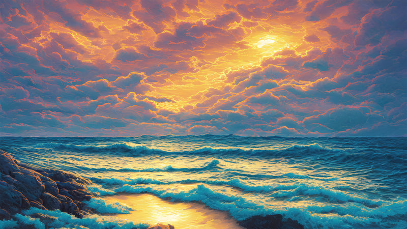 Dramatic Scene of a Sunset Over Blue Ocean Wall Mural Peel and Stick Wallpaper.