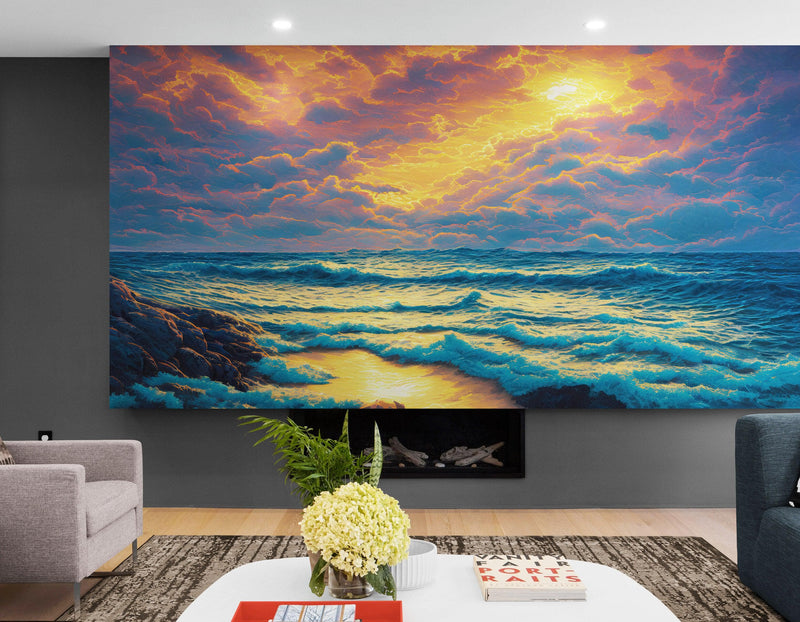 Dramatic Scene of a Sunset Over Blue Ocean Wall Mural Peel and Stick Wallpaper.