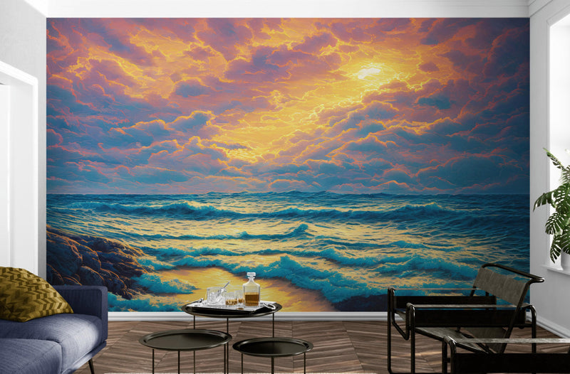 Dramatic Scene of a Sunset Over Blue Ocean Wall Mural Peel and Stick Wallpaper.