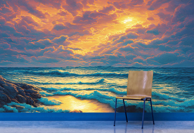 Dramatic Scene of a Sunset Over Blue Ocean Wall Mural Peel and Stick Wallpaper.