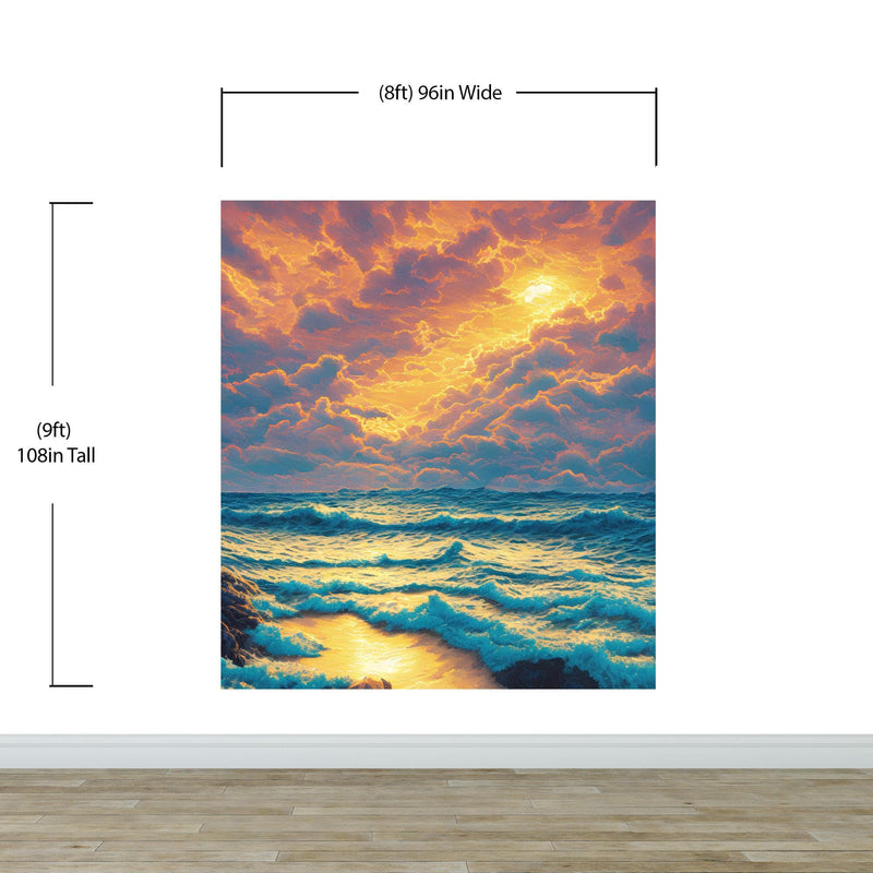 Dramatic Scene of a Sunset Over Blue Ocean Wall Mural Peel and Stick Wallpaper.