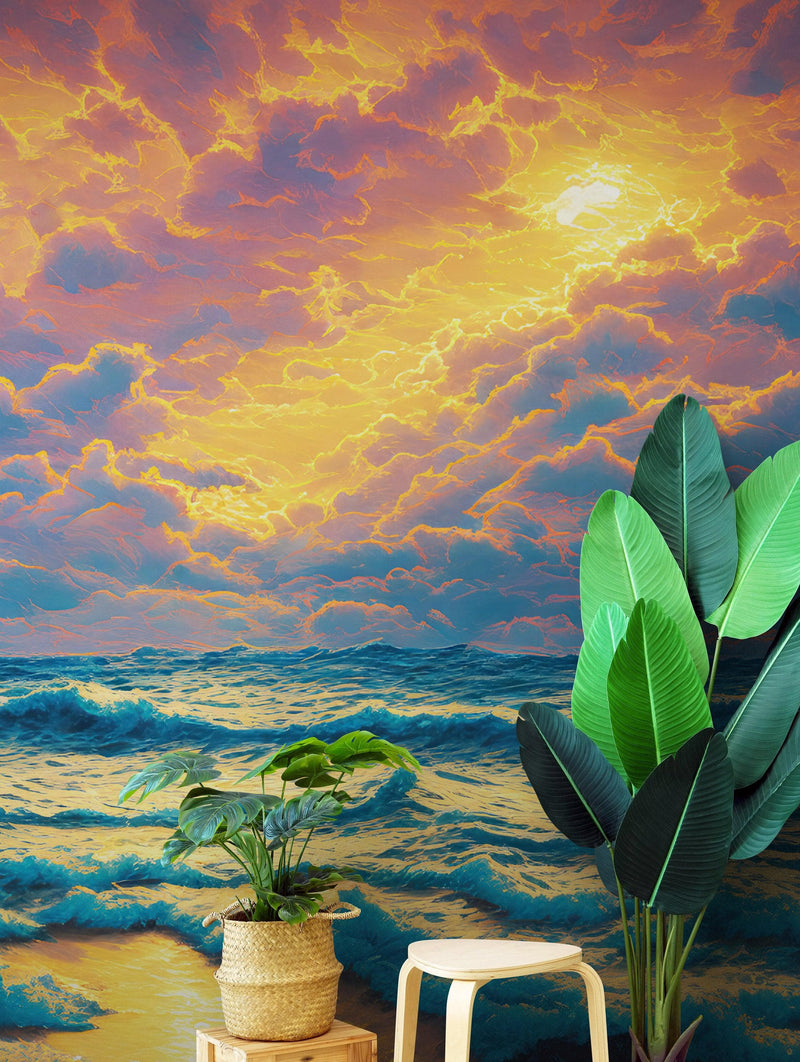 Dramatic Scene of a Sunset Over Blue Ocean Wall Mural Peel and Stick Wallpaper.